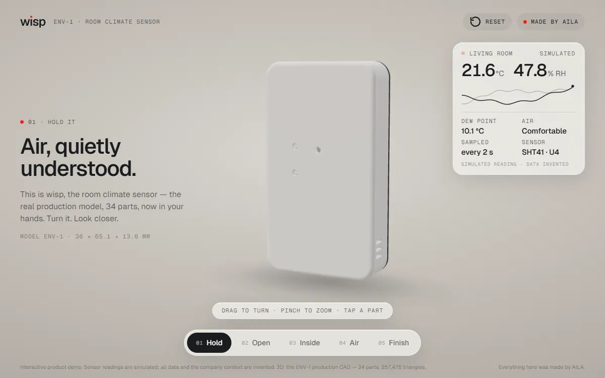 Wisp’s interactive product page, made by AILA: Wisp, the air sensor — “Air, quietly understood.”